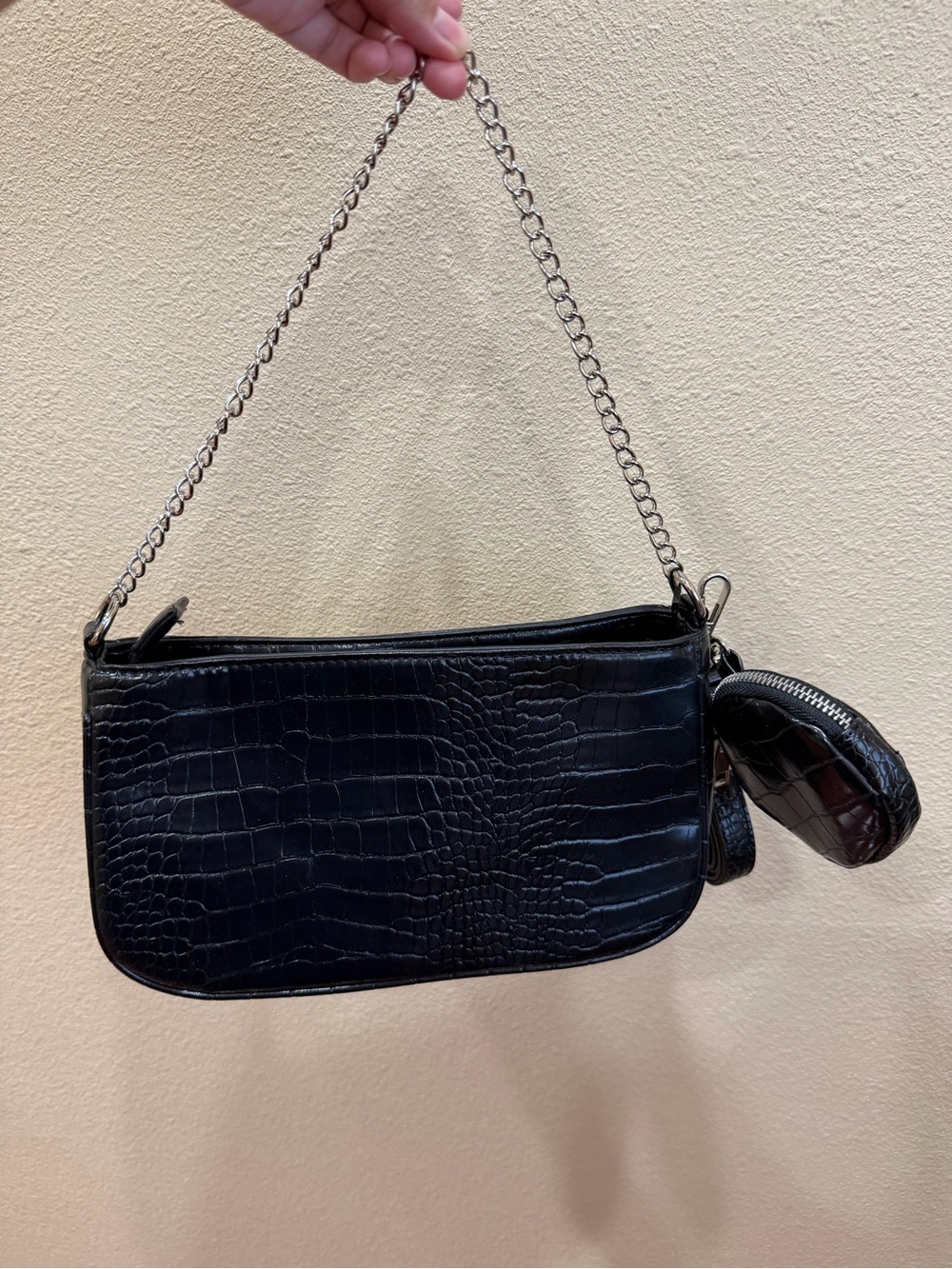 Black Croc-Embossed Shoulder Bag with Crossbody Strap & Coin Pouch